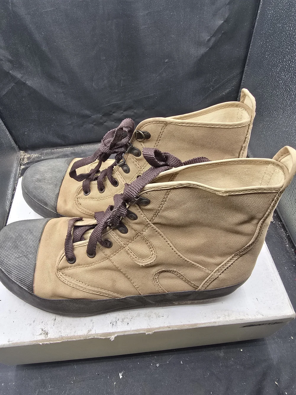 Orvis Tan Canvas High-Top Boots with Dark Brown Laces